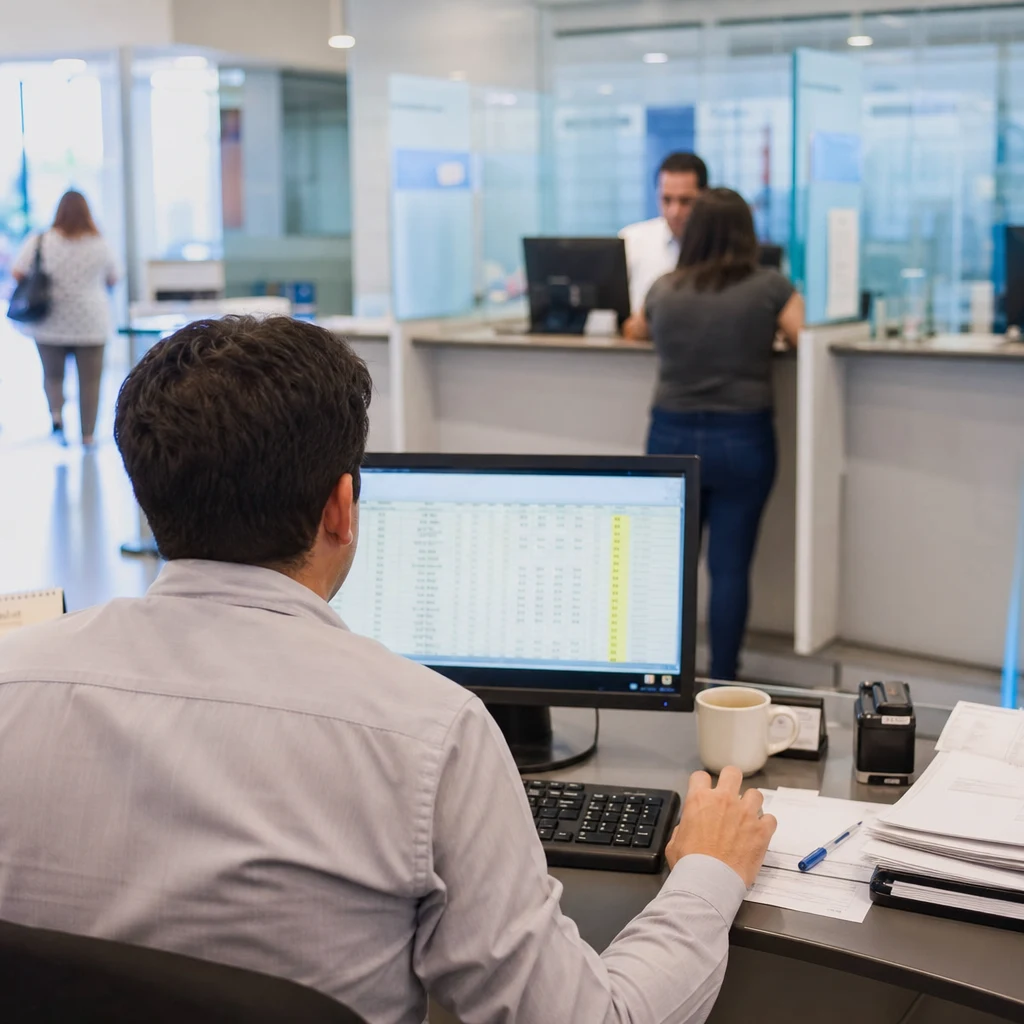 Bancário de costas em ambiente corporativo, a consultar o computador e o relógio de pulso numa agência