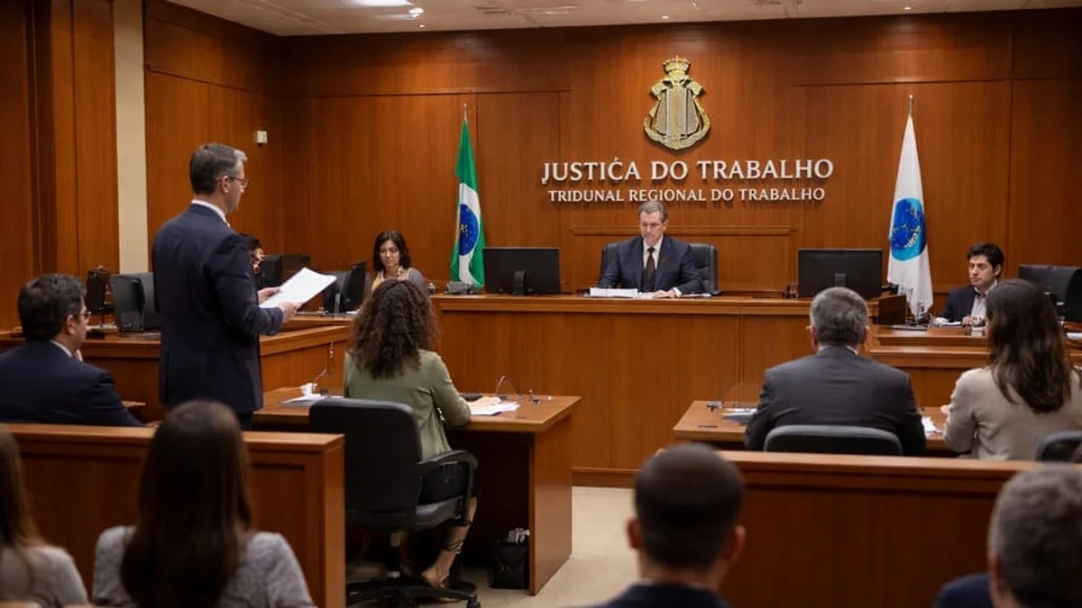 Audiência trabalhista em sala de tribunal com juiz, advogados e partes durante sessão judicial