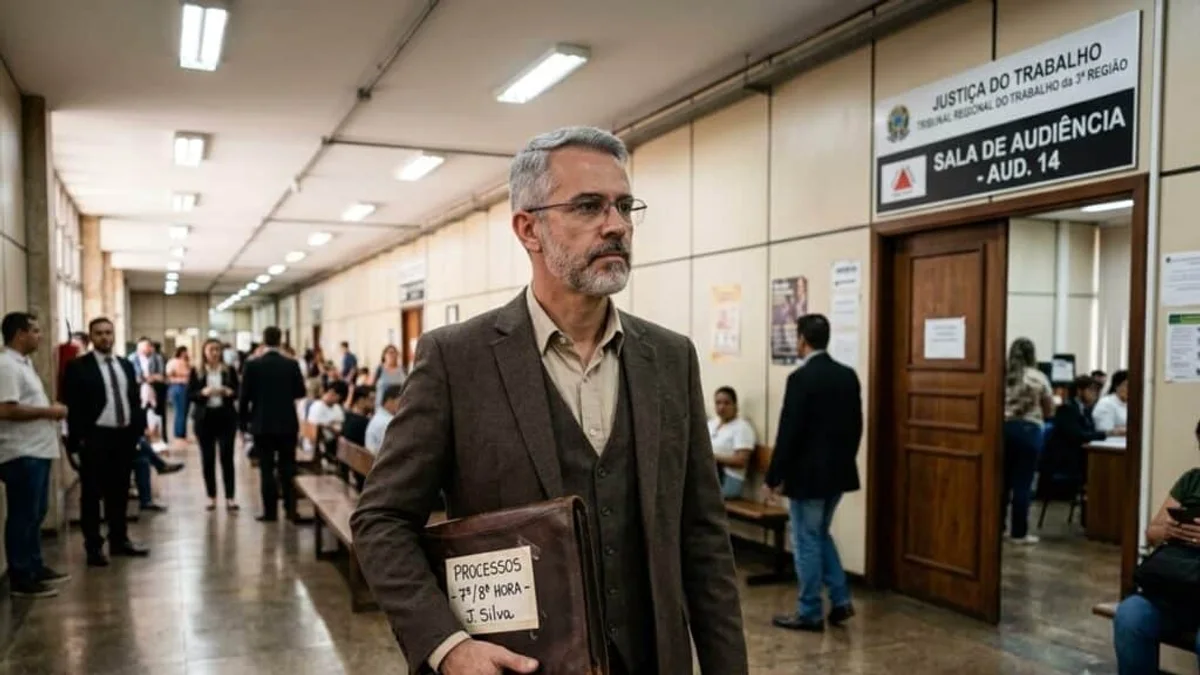 Advogado trabalhista de terno marrom em corredor de tribunal, segurando pasta com etiqueta 'Processo 7ª/8ª Hora'.