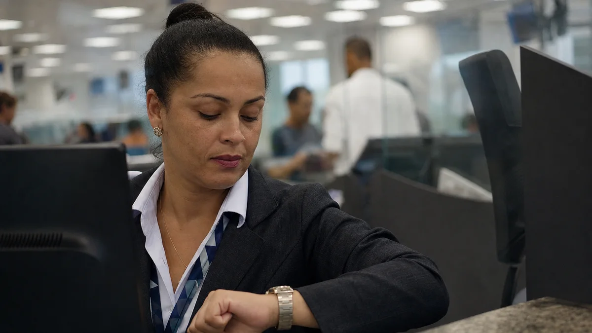 Bancária em uniforme consulta o relógio no balcão da agência, com fundo desfocado
