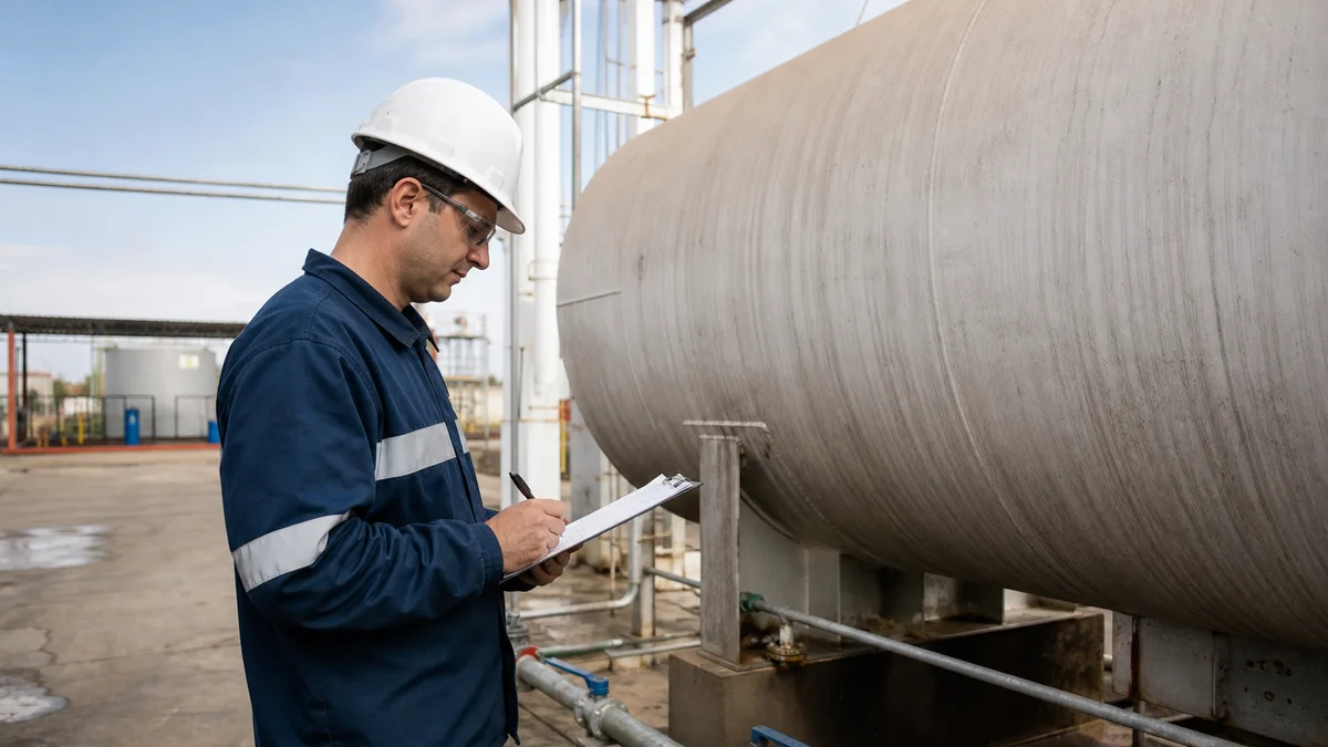 Técnico de segurança com capacete avalia tanque de combustível em pátio industrial brasileiro