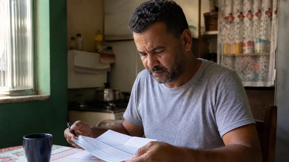 Trabalhador confere holerite com rubricas de adicional noturno em mesa de cozinha sob luz da manhã