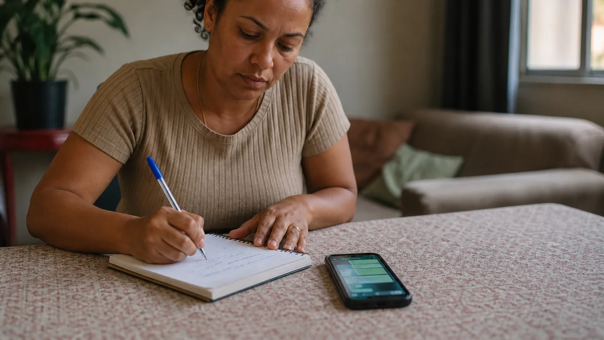 Trabalhador registra ocorrências de assédio em caderno ao lado do celular com mensagens