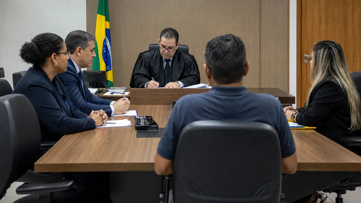 Sala de audiência trabalhista com juiz e partes sentados à mesa durante sessão formal