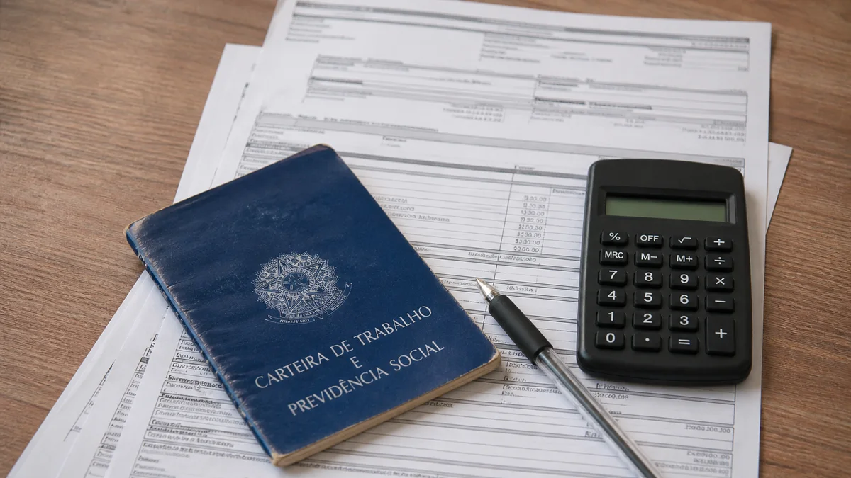Documentos de afastamento, cartão do INSS e calculadora sobre mesa de trabalho