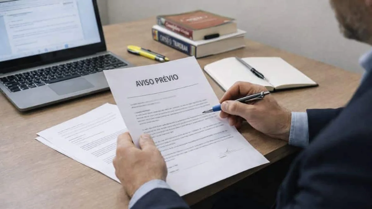 Advogado trabalhista analisando documentos de aviso prévio em escritório simples