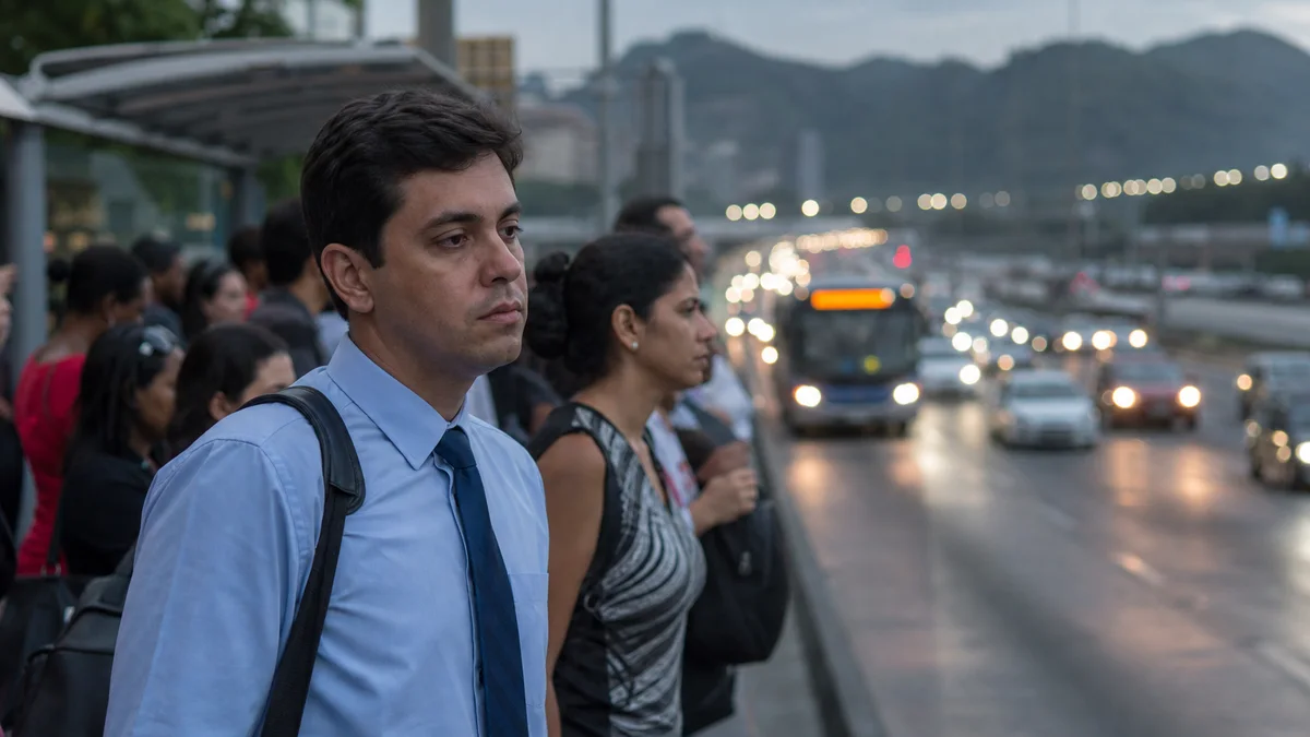Profissional de terno aguarda ônibus em parada lotada ao amanhecer, com trânsito intenso na via