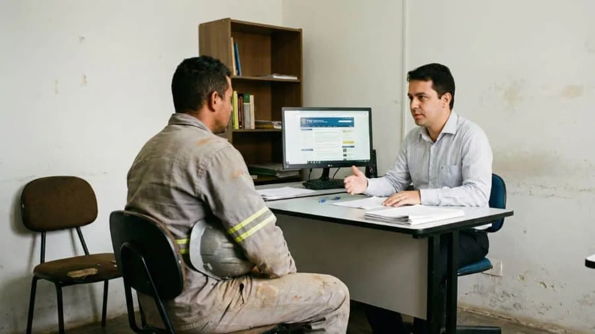 Trabalhador com uniforme de obra conversando com advogado em escritório simples sobre processo trabalhista na Justiça do Trabalho