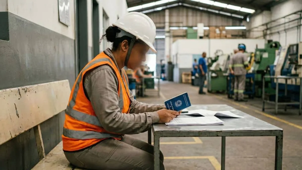 Operária de fábrica sentada com capacete e colete, conferindo carteira de trabalho e documentos relacionados a processo trabalhista