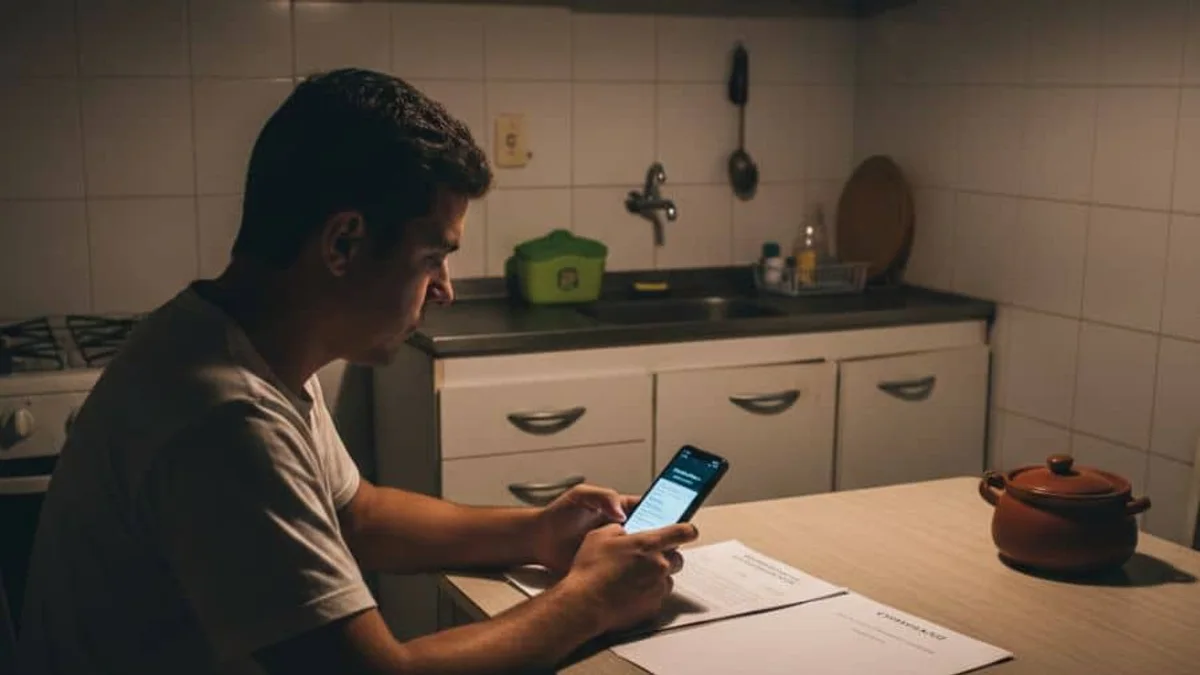 Trabalhador em cozinha simples olhando celular e papéis, acompanhando andamento do processo no TRT e tirando dúvidas iniciais