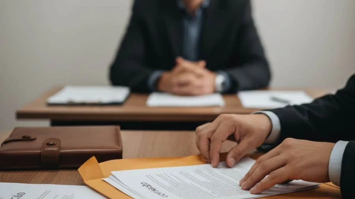 Mãos com documentos e pasta em reunião, assinatura de procuração, sobre advogado trabalhando no processo