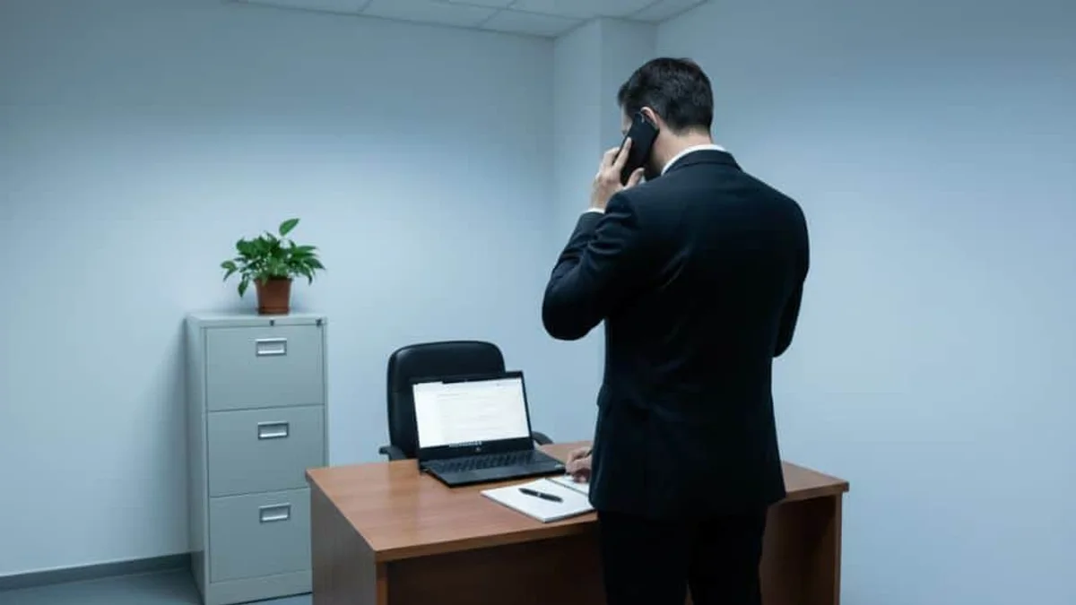 Advogado de costas ao telefone em escritório simples, com notebook na mesa, contexto de advogado trabalhando no processo