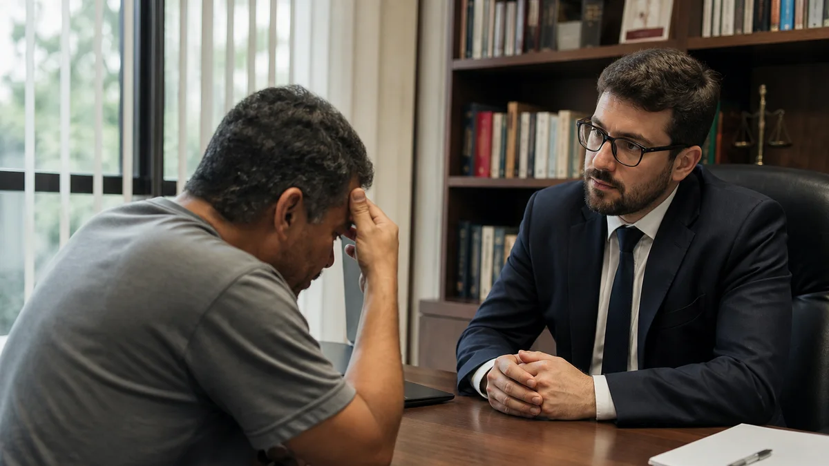 Trabalhador em conversa séria com advogado em escritório sobre abalo emocional no trabalho