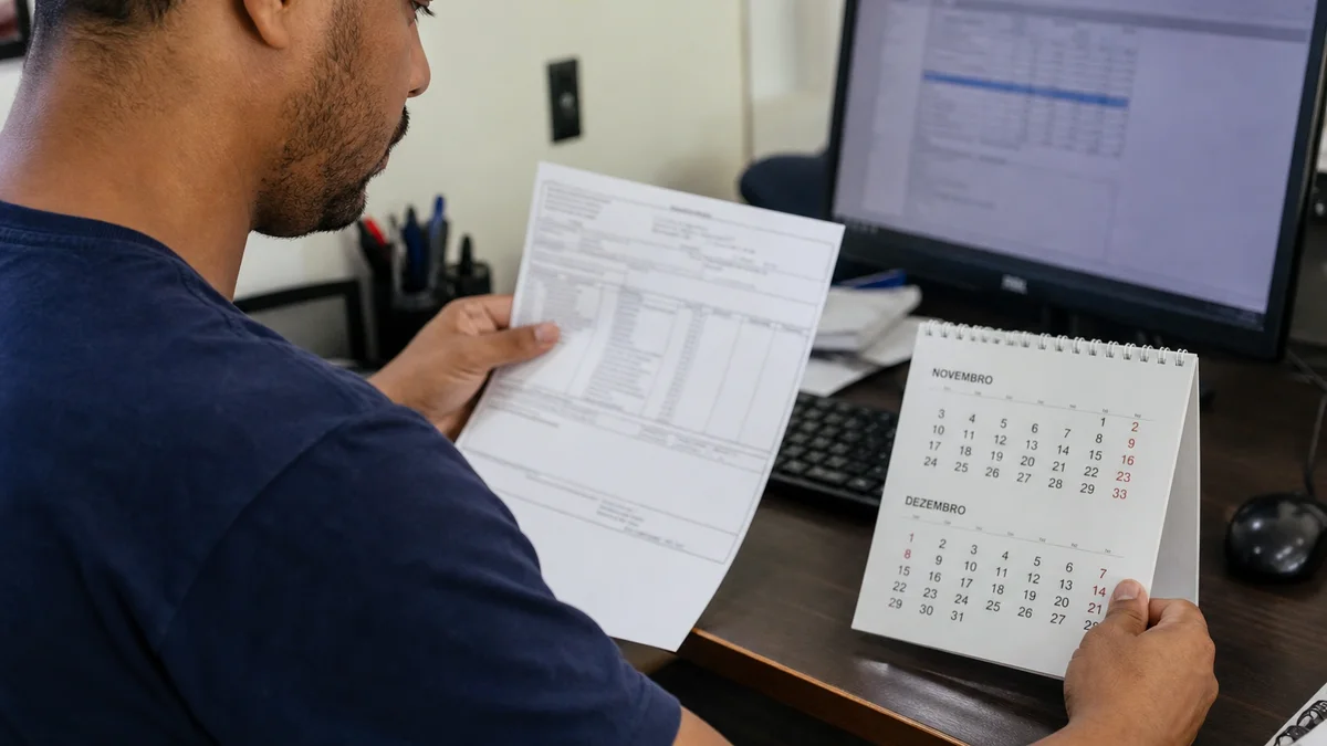 Trabalhador confere holerite do décimo terceiro salário com calendário de prazos sobre a mesa