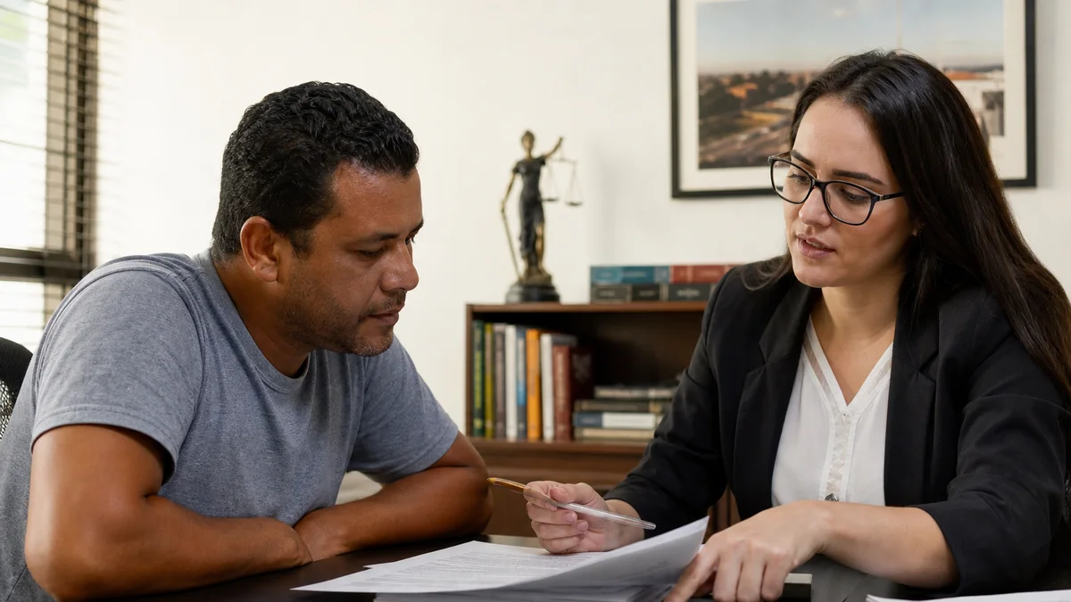 Trabalhador e advogado revisam cálculo de avos do décimo terceiro em documentos na mesa