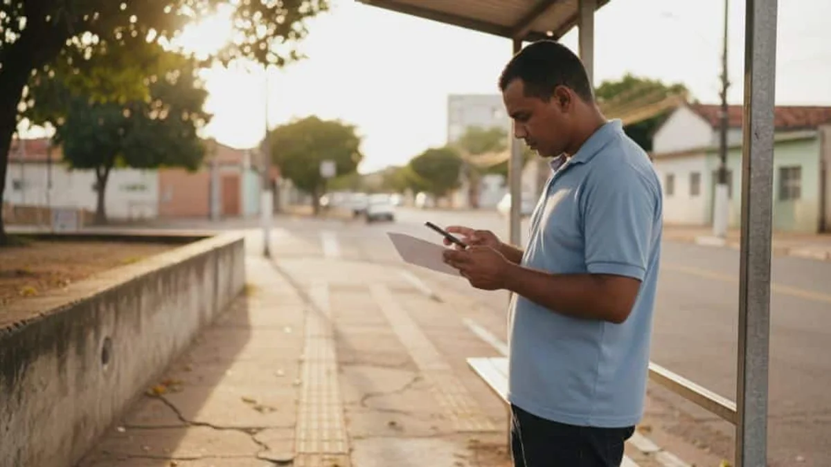 Trabalhador no ponto de ônibus confere papel e celular após demissão.