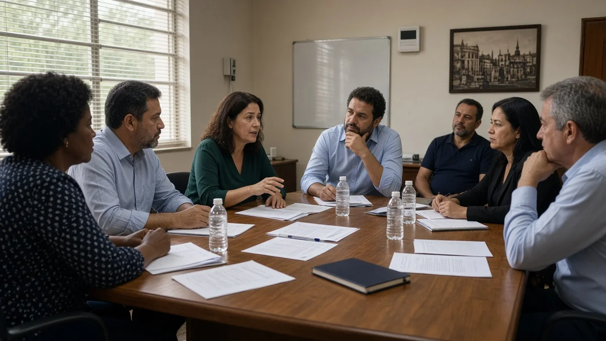 Representantes em reunião sindical à mesa com documentos em sala no Brasil