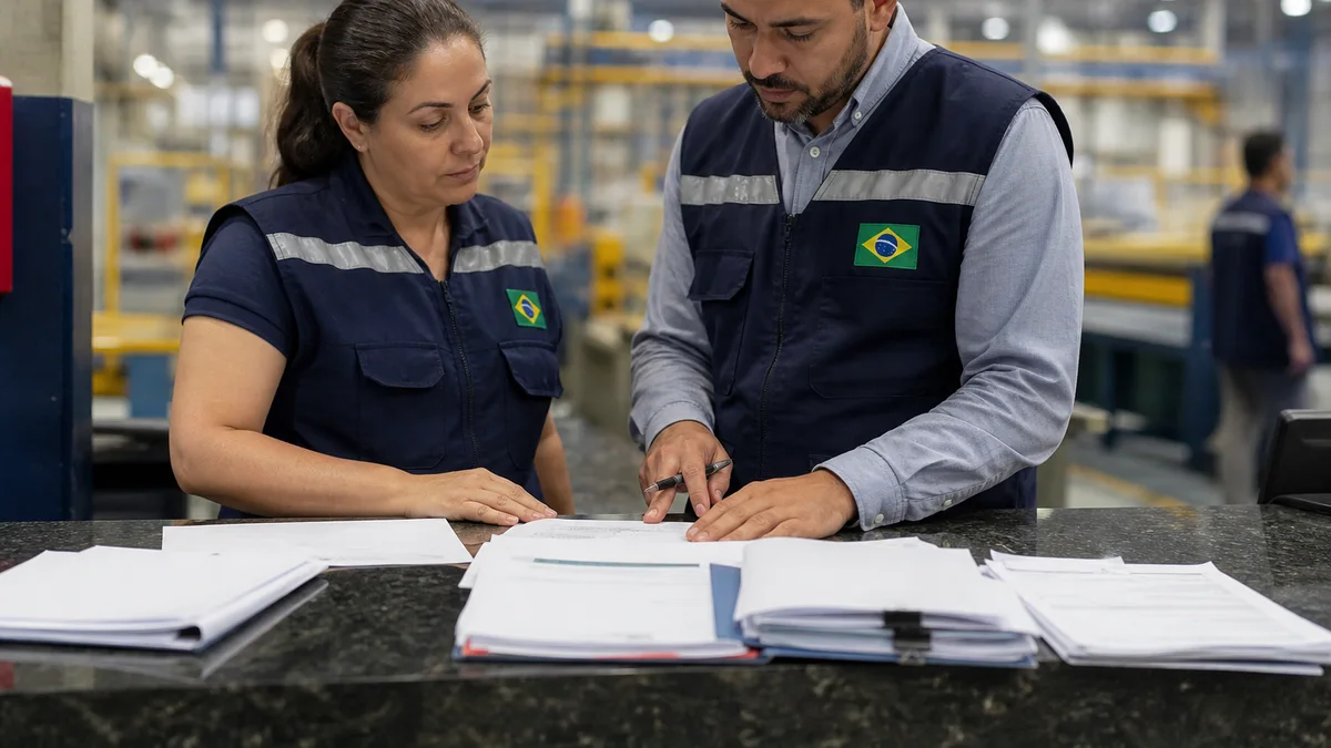 Ambiente de empresa brasileira preparado para inspeção do trabalho com documentos e área de produção ao fundo