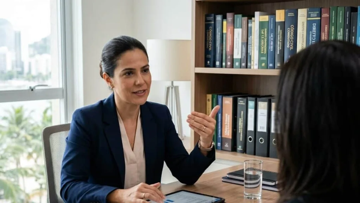 Uma advogada de meia-idade com blazer azul-marinho explicando um ponto legal para um cliente em um escritório moderno.