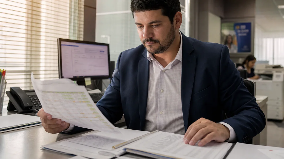 Gerente bancário revisa planilha de jornada e documentos em mesa de agência à luz da tarde