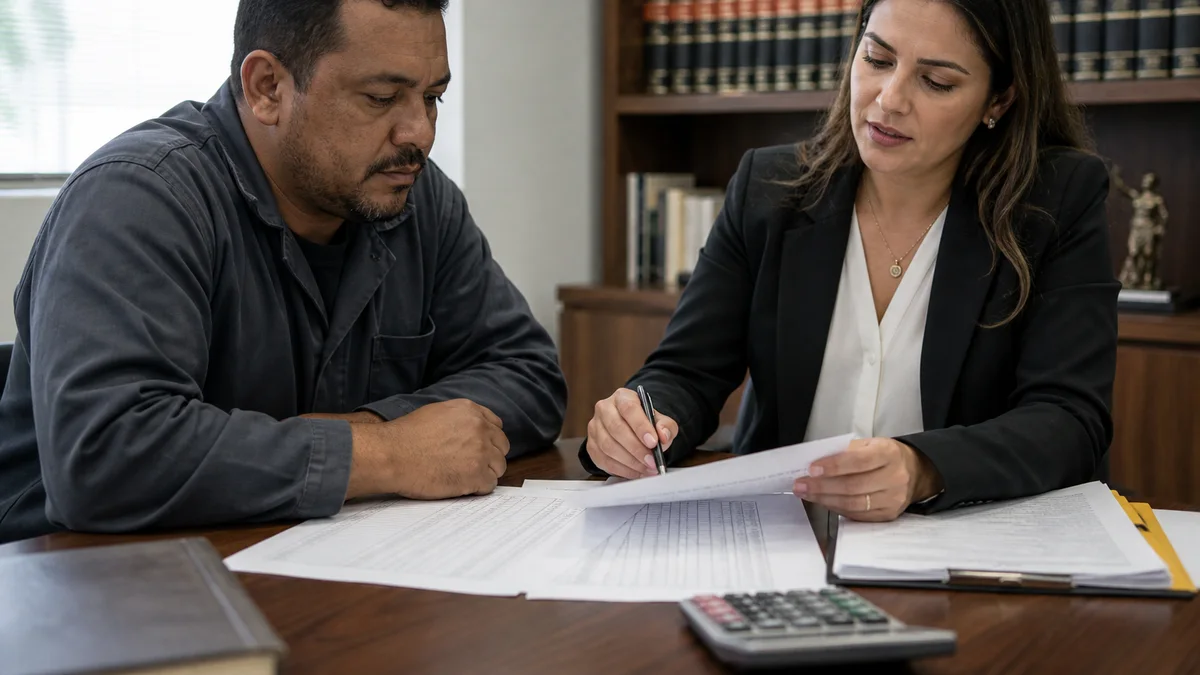 Trabalhador e advogado conferem tabela de faltas e dias de férias sobre documentos