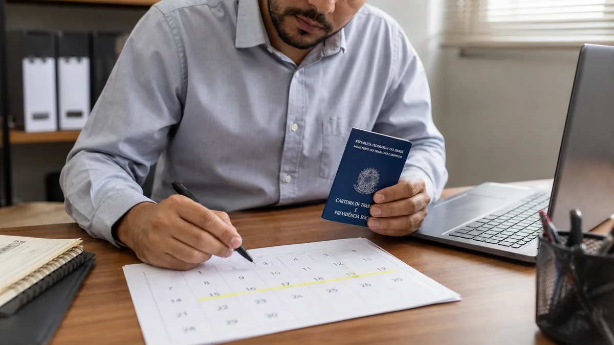 Trabalhador marca no calendário o período aquisitivo de férias com documentos trabalhistas na mesa