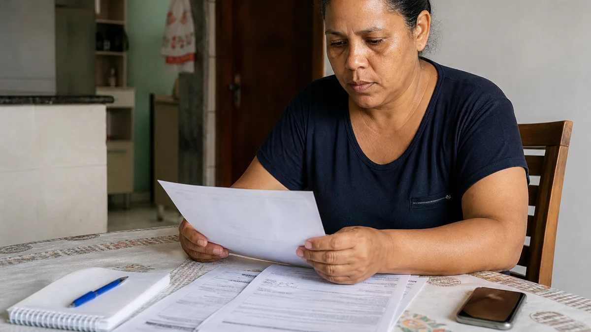 Trabalhadora doméstica confere holerite e comprovantes de recolhimento do eSocial na mesa