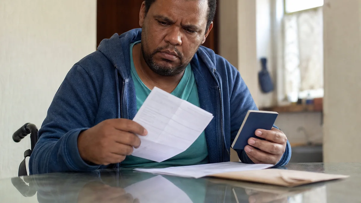 Trabalhador PCD confere documentos de rescisão e carteira de trabalho sobre mesa