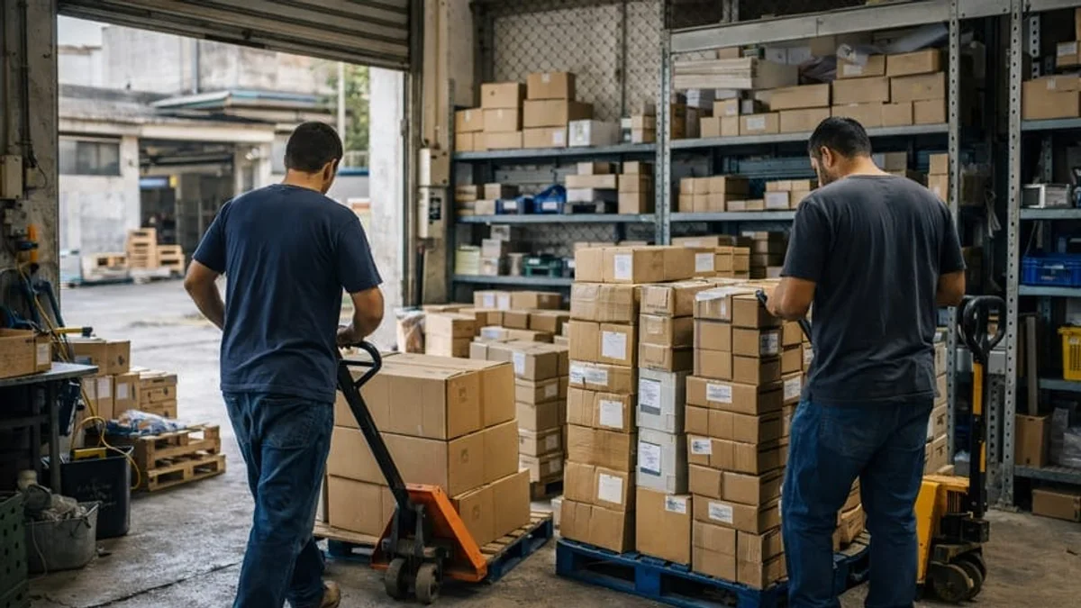 Trabalhadores organizando materiais em pequena indústria de Jacarepaguá no Rio de Janeiro