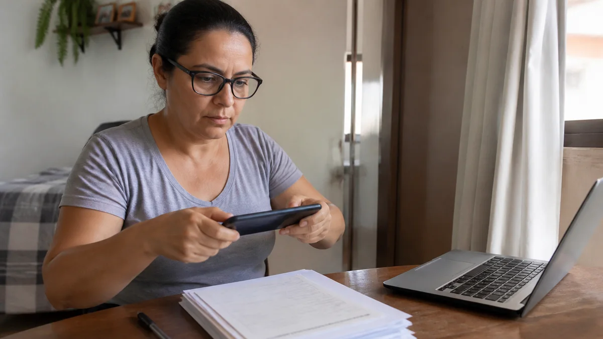 Trabalhador digitaliza documentos trabalhistas com celular sobre mesa com papéis organizados