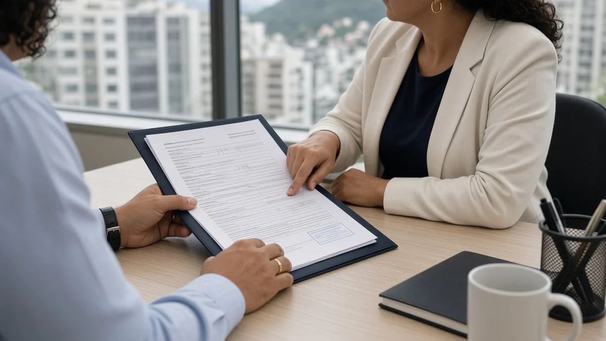 Maos revisam documentos em pasta aberta sobre mesa com luz natural.