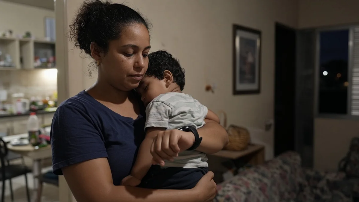 Mãe exausta com criança pequena no colo, olhando o relógio em casa à noite, registo cotidiano Servidio em cenário trabalhista brasileiro sem marco turístico.