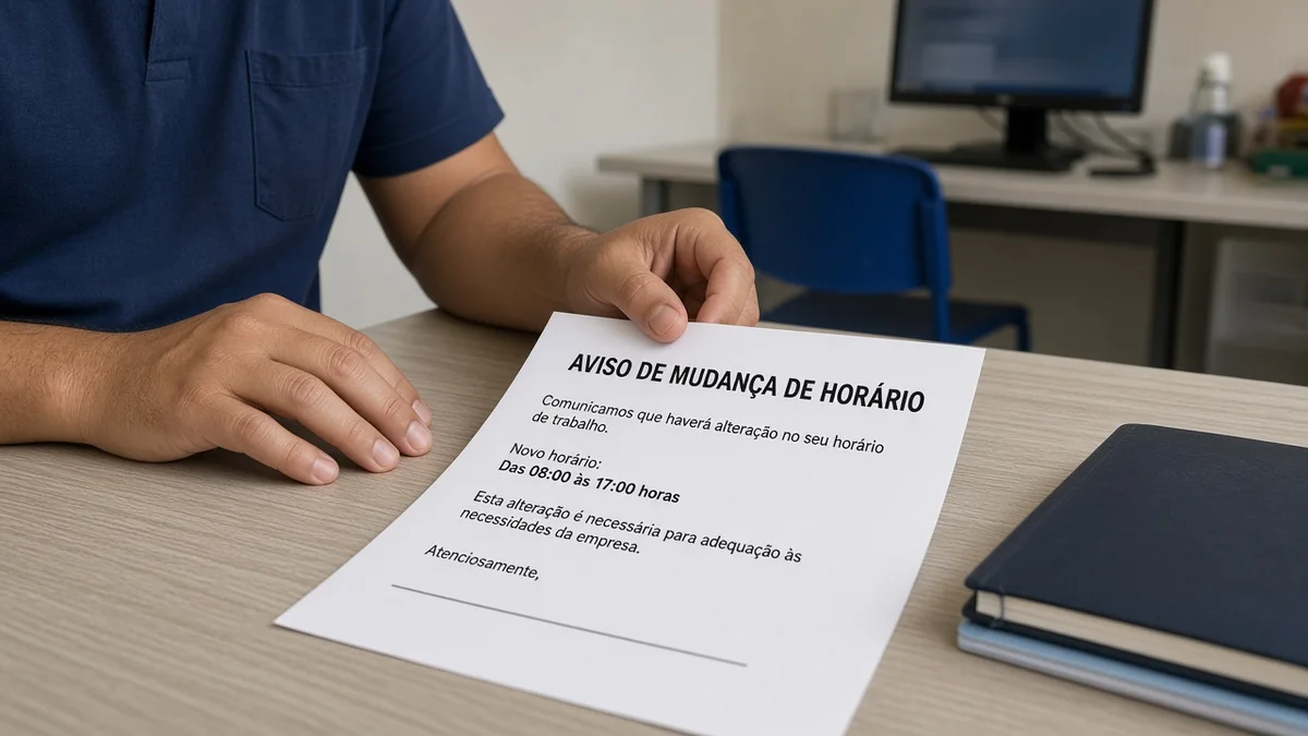 Detalhe prático: mãos sobre aviso de mudança de horário em mesa de trabalho, em cena trabalhista Servidio com luz natural e materiais reais à vista.