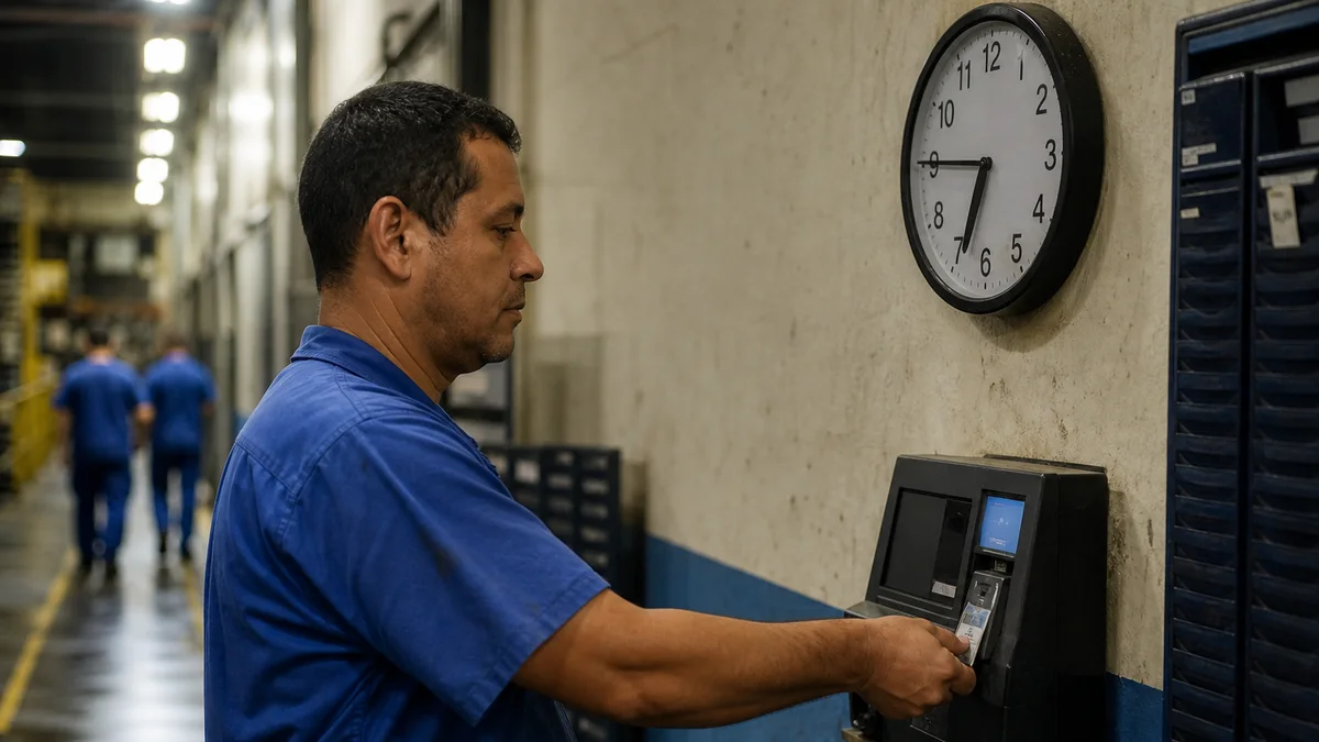 Trabalhador de uniforme registra o ponto no fim de um plantão de doze horas em empresa brasileira
