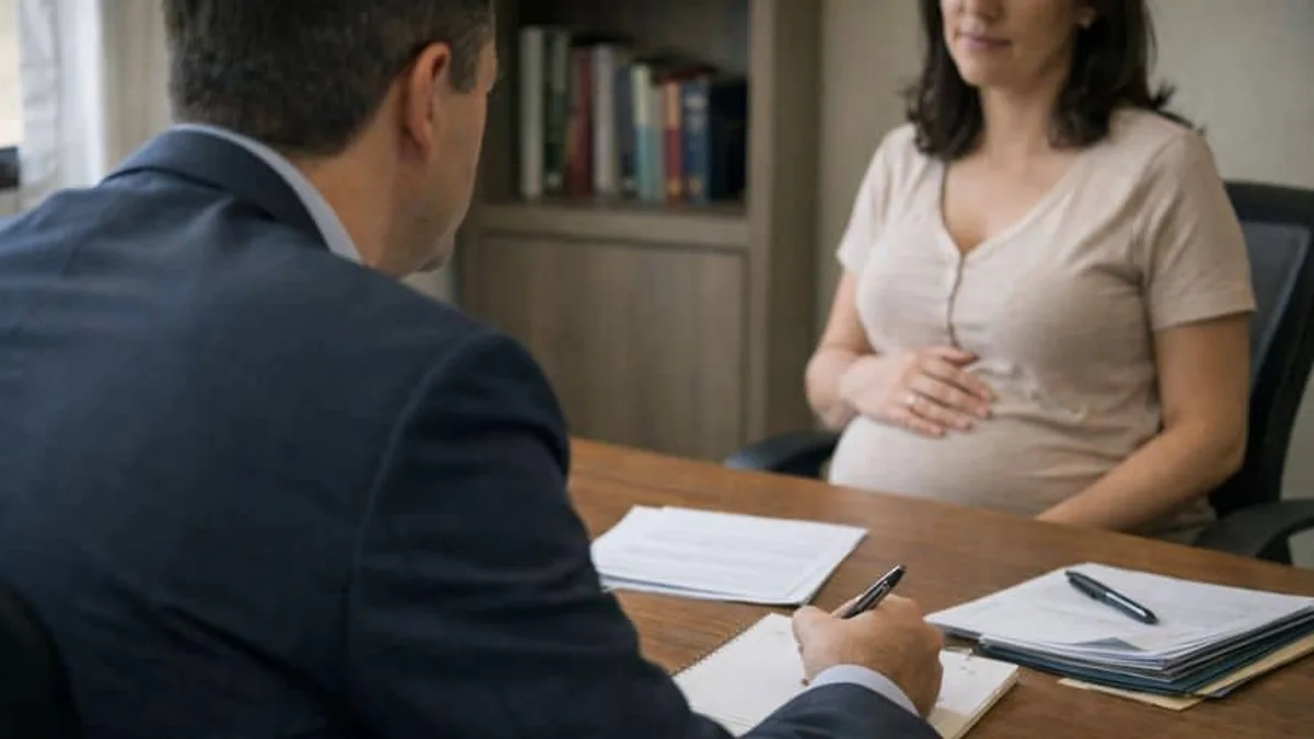 Atendimento inicial entre advogado trabalhista e gestante em ambiente simples e acolhedor