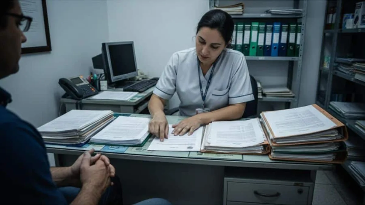 Ambiente administrativo simples com trabalhador e documentos, simbolizando limites legais da demissão