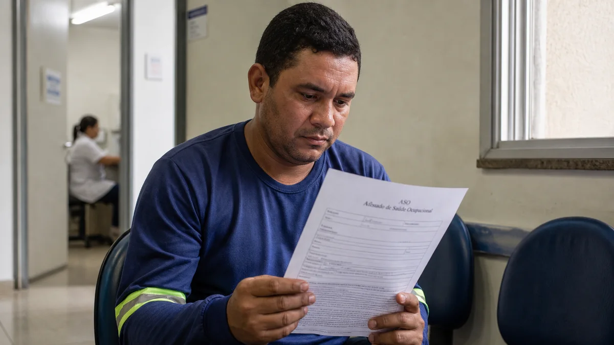 Trabalhador lê o ASO demissional com resultado após consulta em clínica ocupacional