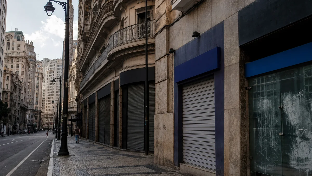 Rua comercial quase deserta no Centro do Rio com fachadas de lojas e bancos fechadas