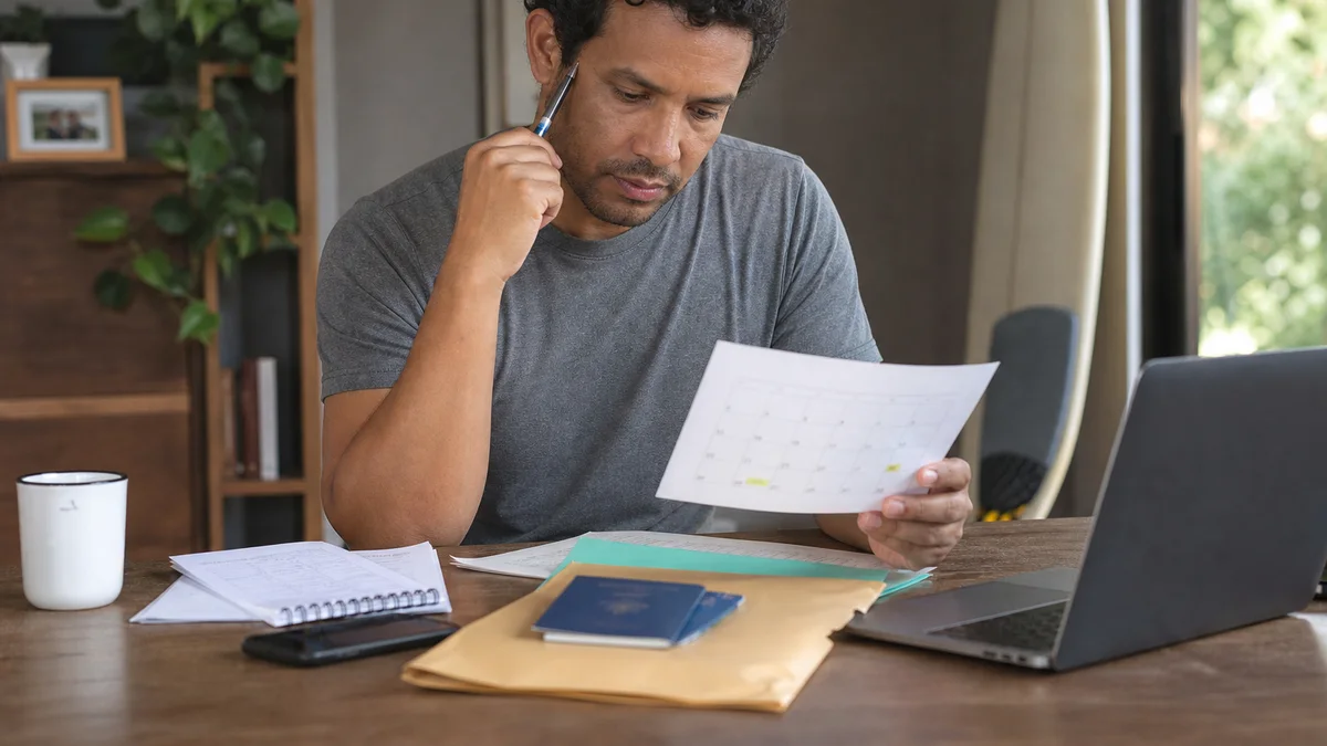 Trabalhador planeja férias com calendário e documentos trabalhistas sobre a mesa