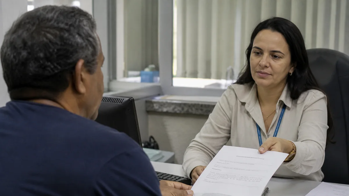 Trabalhador recebe aviso de férias e confere comprovante de pagamento das férias