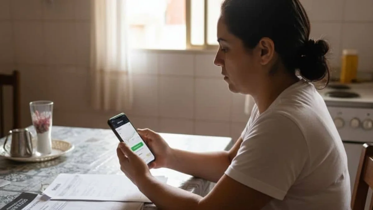 Trabalhadora em casa simples consultando FGTS pelo celular com documentos sobre a mesa