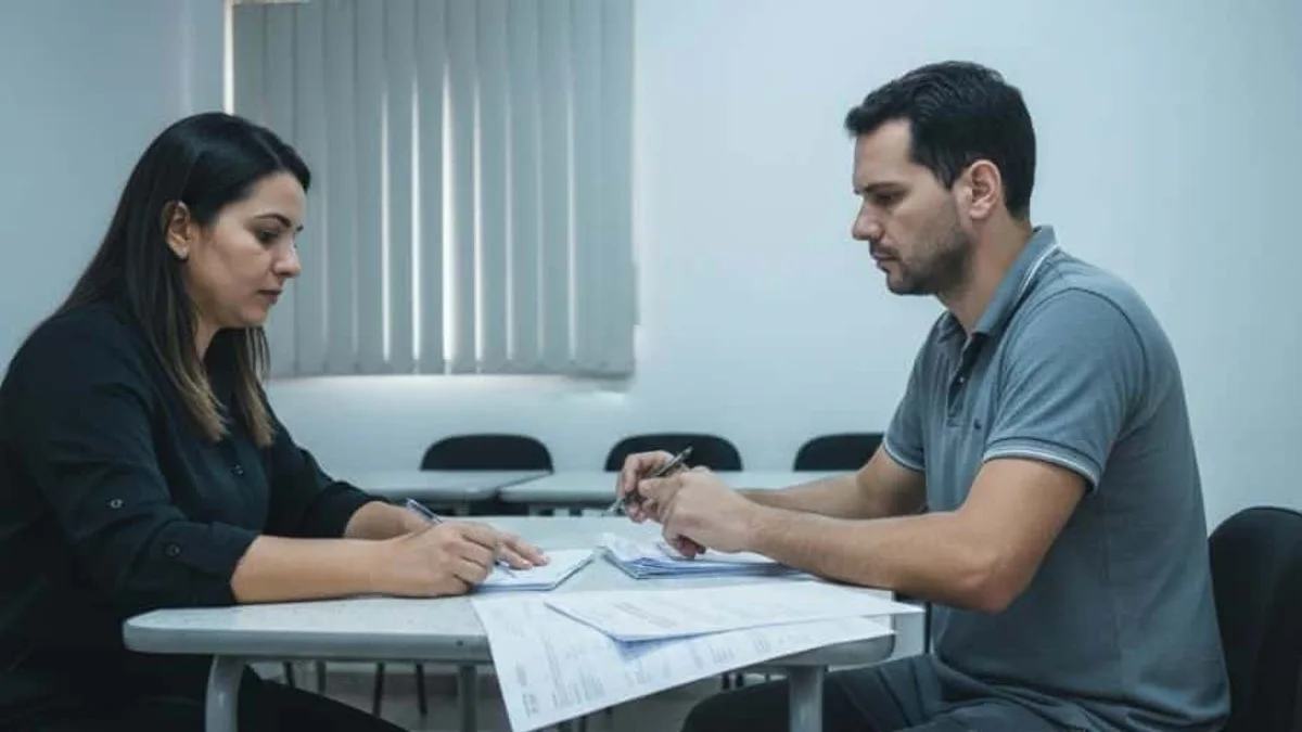 Trabalhador e setor administrativo analisando documentos de rescisão e multa do FGTS