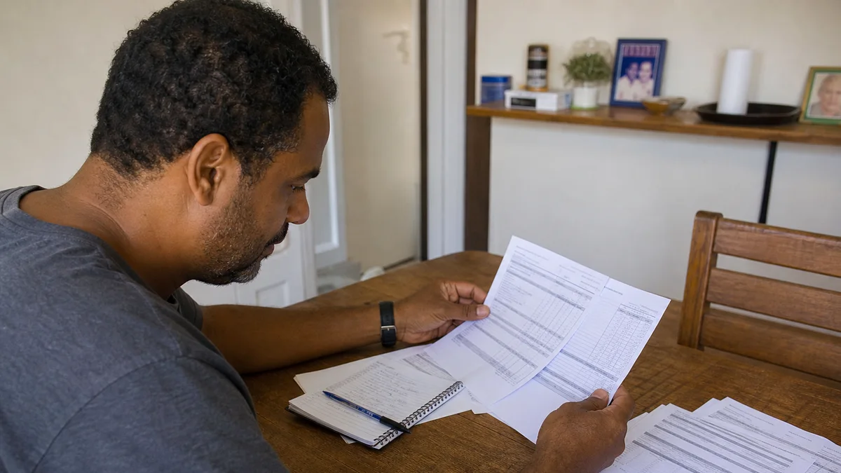 Trabalhador compara holerite com extrato impresso do FGTS em mesa de trabalho