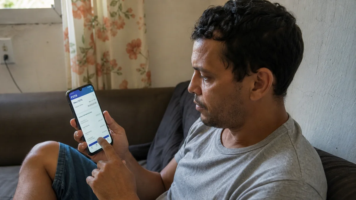 Trabalhador consulta extrato do FGTS no aplicativo da Caixa no celular