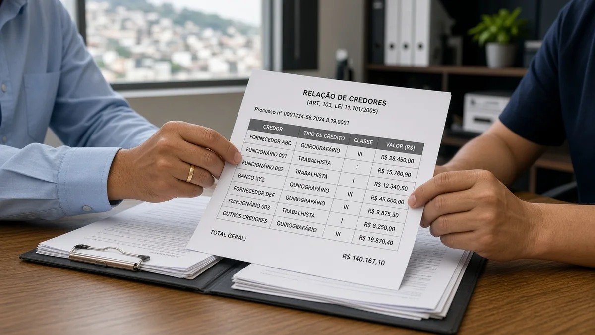 Mãos conferindo lista impressa de credores e pasta aberta de documentos sobre mesa de madeira.