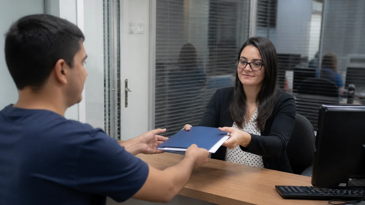 Trabalhador recebe pasta com documentos da rescisão no setor de RH da empresa