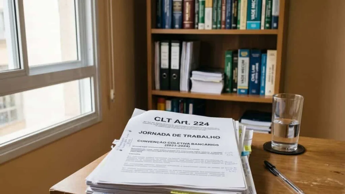 Uma mesa de escritório com documentos jurídicos abertos, incluindo títulos como "CLT Art. 224" e "Convenção Coletiva Bancários", simbolizando a legislação trabalhista.