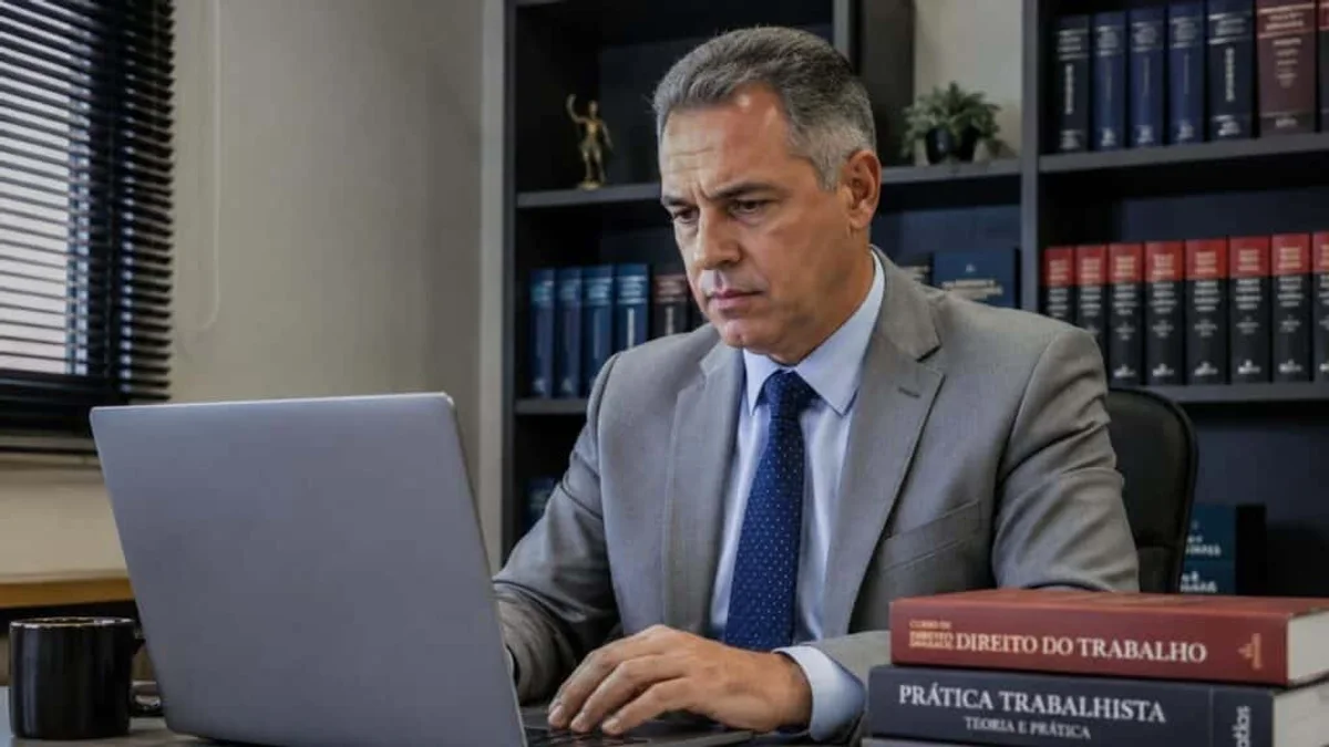 Advogado de terno cinza claro concentra-se em seu notebook, trabalhando em um escritório com livros jurídicos.
