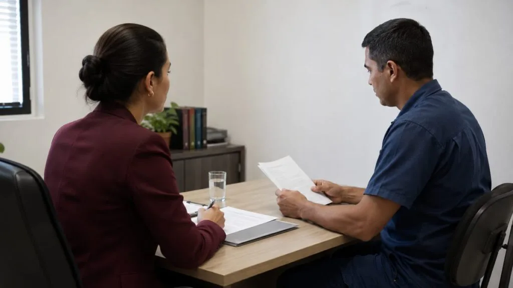 Advogada trabalhista em atendimento com trabalhador uniformizado em sala simples e acolhedora