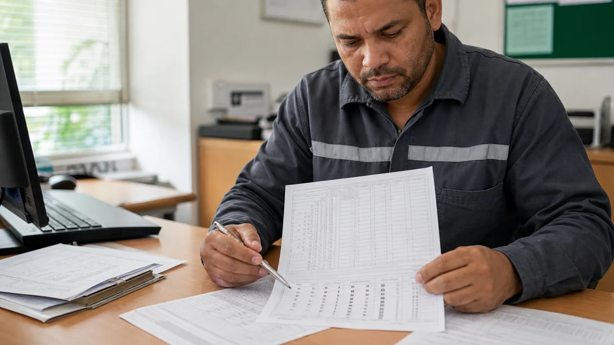 Trabalhador confere cartão de ponto e marca intervalo não usufruído na escala 12x36
